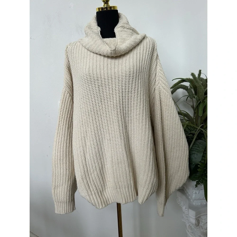 Free People Swim Too Deep Sweater L Ivory Chunky Knit Oversized Slouchy Cozy